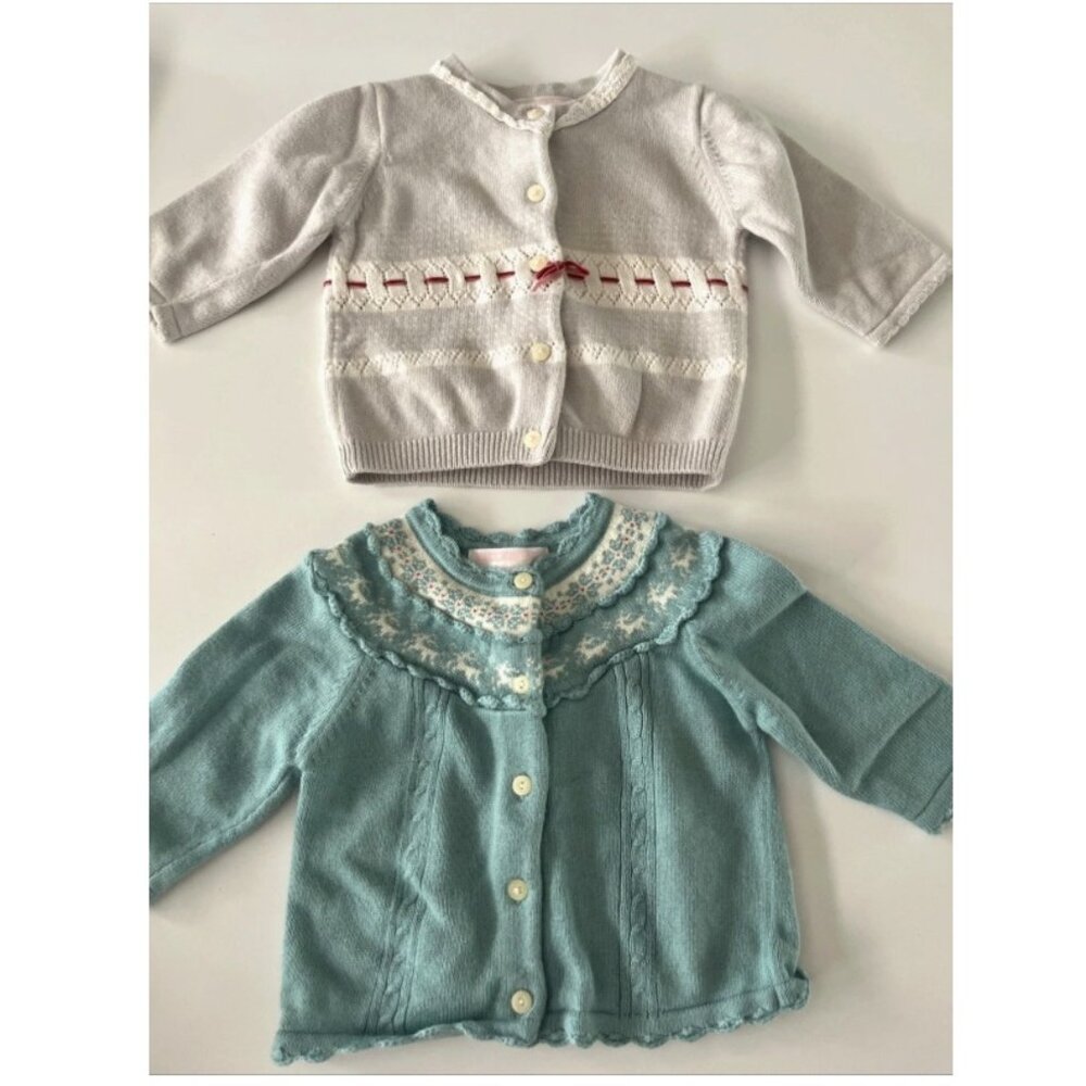JANIE AND JACK Two Button up Embellished Cardigan Sweaters Green/Gray Baby 3-6 M